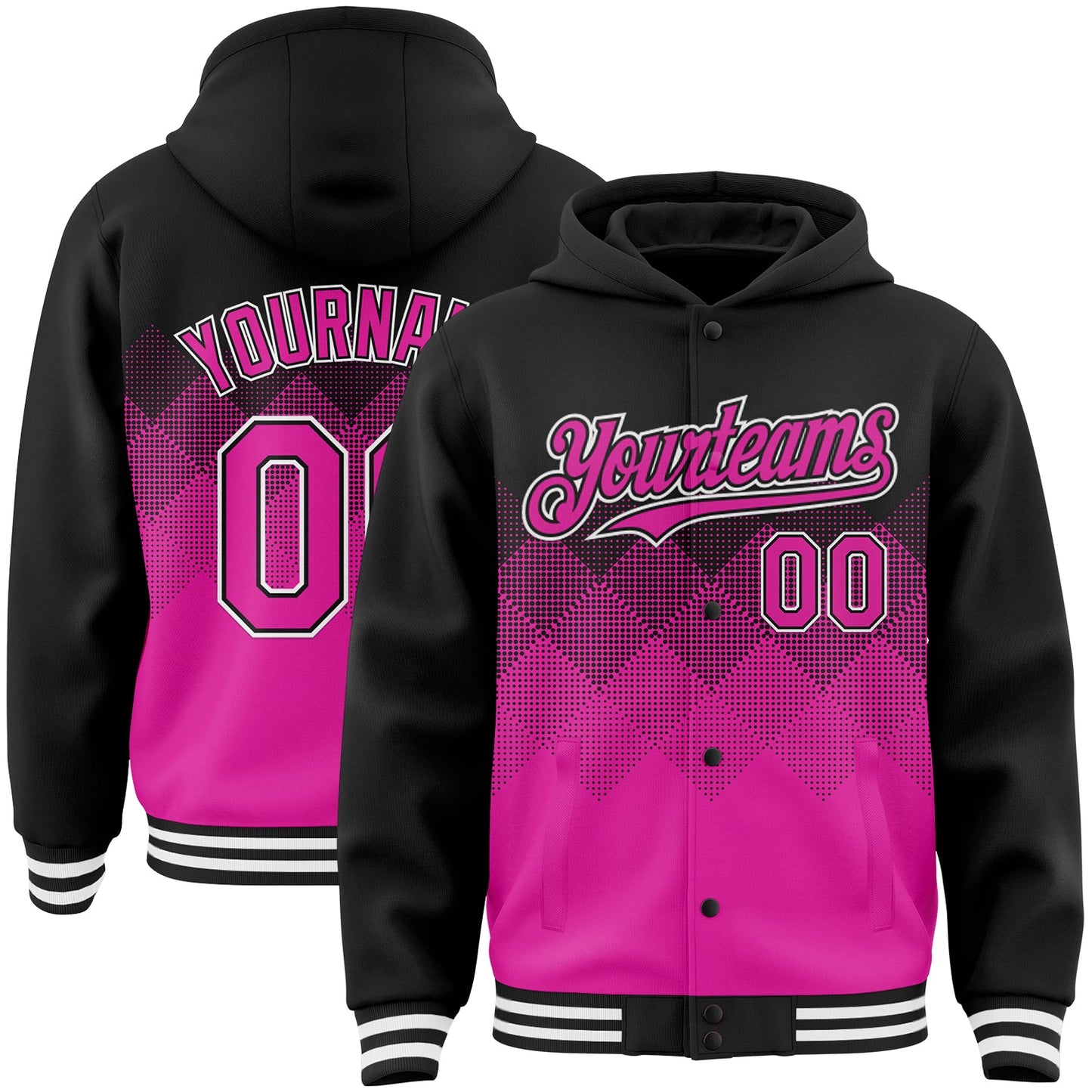 Custom Black Deep Pink-White Gradient Square Shape 3D Pattern Design Bomber Full-Snap Varsity Letterman Hoodie Jacket - Main View