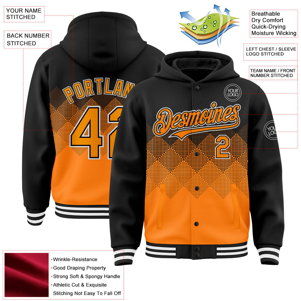 Custom Black Bay Orange-White Gradient Square Shape 3D Pattern Design Bomber Full-Snap Varsity Letterman Hoodie Jacket view 3