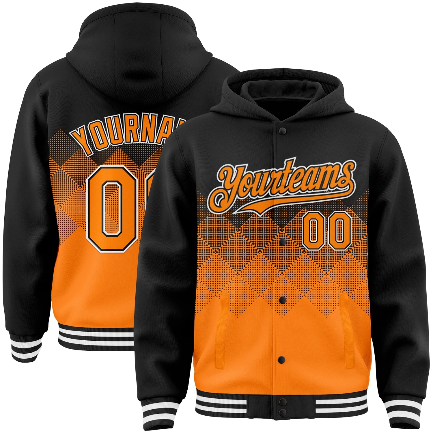 Custom Black Bay Orange-White Gradient Square Shape 3D Pattern Design Bomber Full-Snap Varsity Letterman Hoodie Jacket - Main View