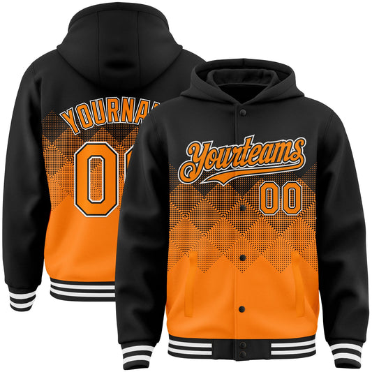 Custom Black Bay Orange-White Gradient Square Shape 3D Pattern Design Bomber Full-Snap Varsity Letterman Hoodie Jacket - Main View