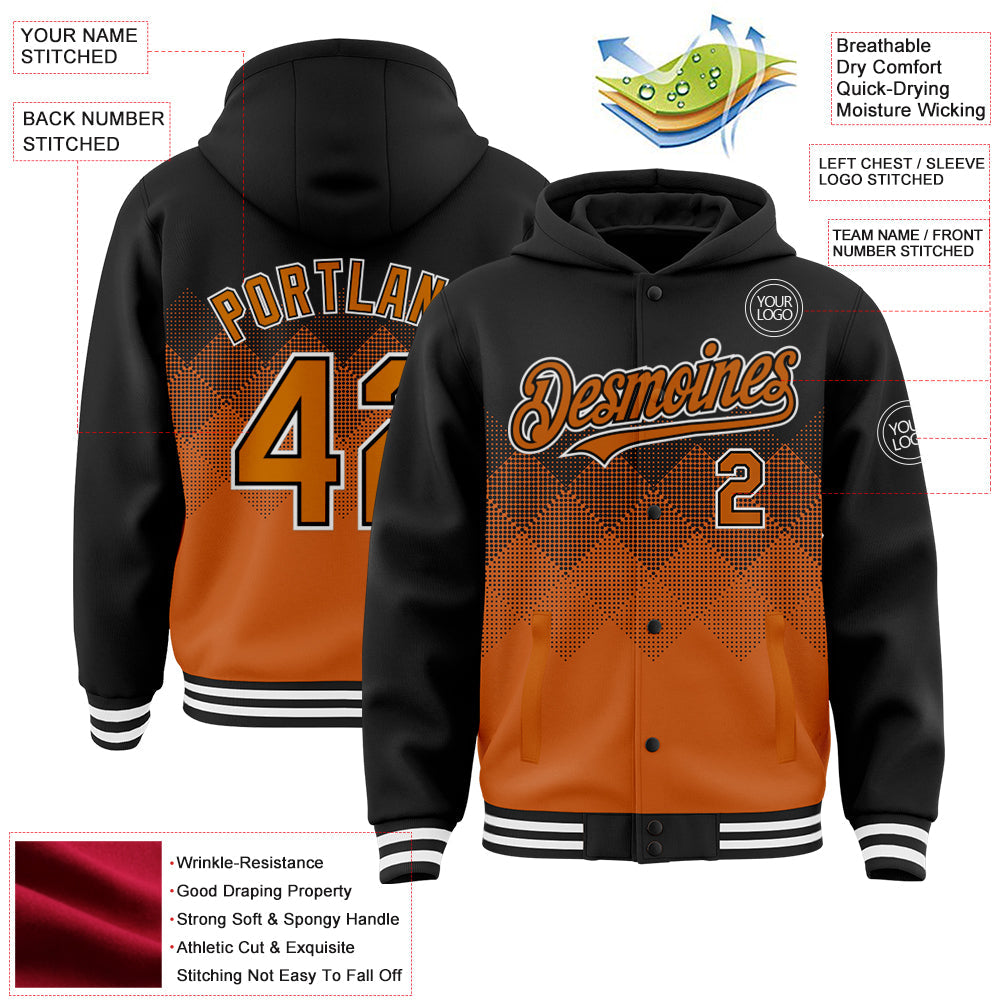 Custom Black Texas Orange-White Gradient Square Shape 3D Pattern Design Bomber Full-Snap Varsity Letterman Hoodie Jacket view 3
