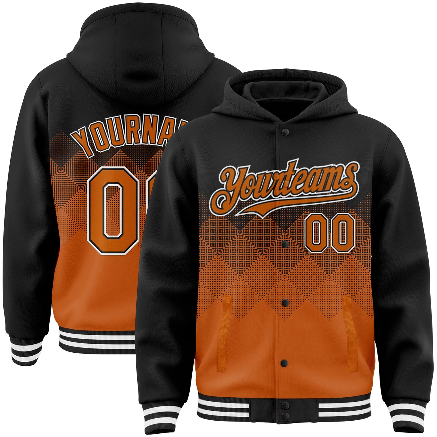 Custom Black Texas Orange-White Gradient Square Shape 3D Pattern Design Bomber Full-Snap Varsity Letterman Hoodie Jacket - Main View