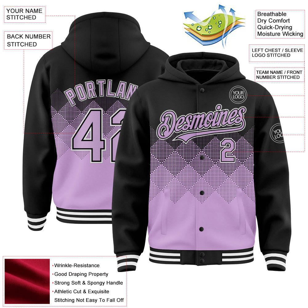 Custom Black Light Purple-White Gradient Square Shape 3D Pattern Design Bomber Full-Snap Varsity Letterman Hoodie Jacket view 3