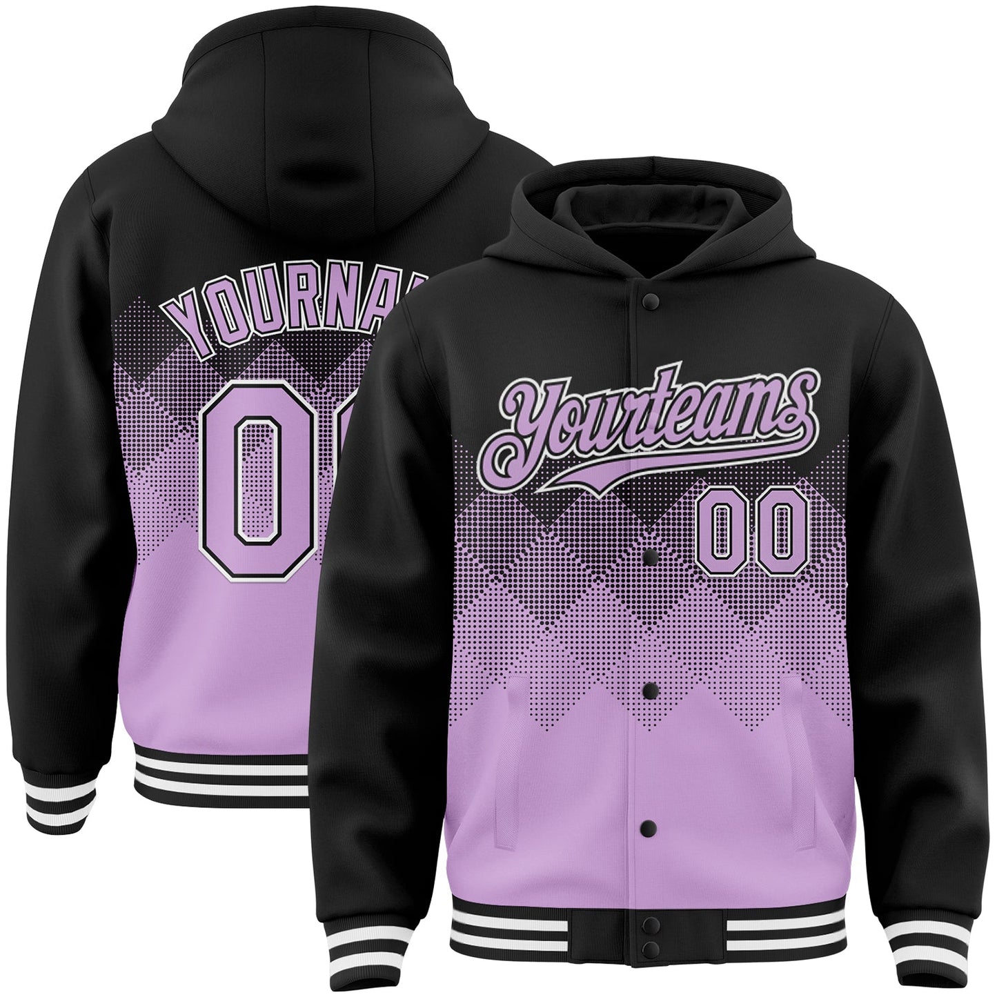 Custom Black Light Purple-White Gradient Square Shape 3D Pattern Design Bomber Full-Snap Varsity Letterman Hoodie Jacket - Main View
