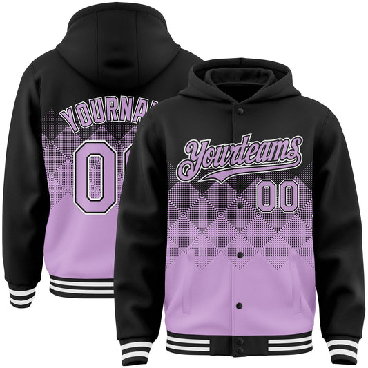 Custom Black Light Purple-White Gradient Square Shape 3D Pattern Design Bomber Full-Snap Varsity Letterman Hoodie Jacket - Main View