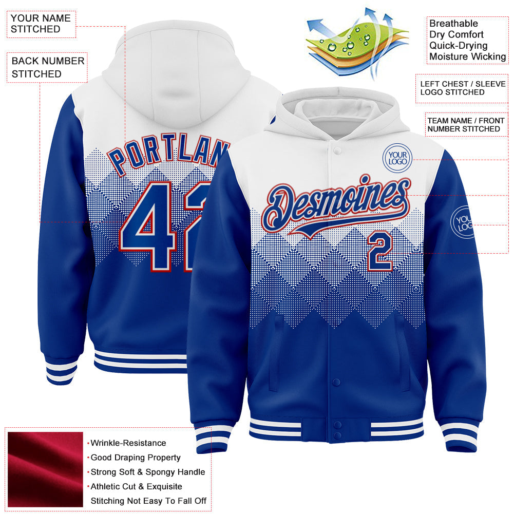 Custom White Royal-Red Gradient Square Shape 3D Pattern Design Bomber Full-Snap Varsity Letterman Hoodie Jacket view 3