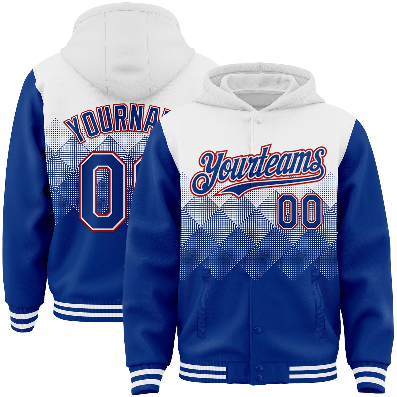 Custom White Royal-Red Gradient Square Shape 3D Pattern Design Bomber Full-Snap Varsity Letterman Hoodie Jacket - Main View