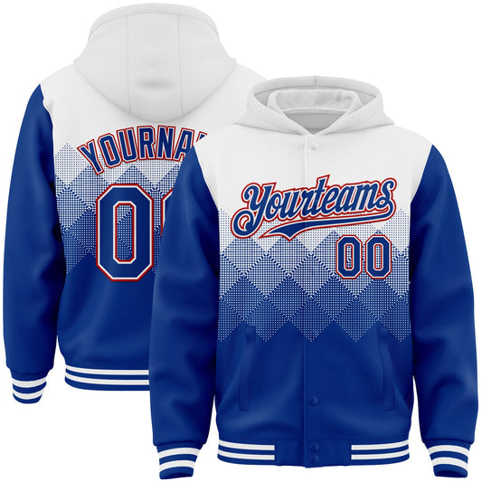 Custom White Royal-Red Gradient Square Shape 3D Pattern Design Bomber Full-Snap Varsity Letterman Hoodie Jacket - Main View