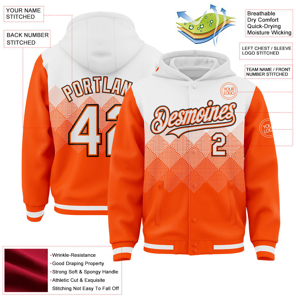Custom White Orange-Black Gradient Square Shape 3D Pattern Design Bomber Full-Snap Varsity Letterman Hoodie Jacket view 3