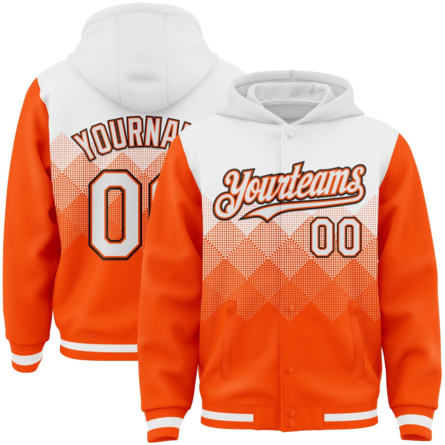 Custom White Orange-Black Gradient Square Shape 3D Pattern Design Bomber Full-Snap Varsity Letterman Hoodie Jacket - Main View