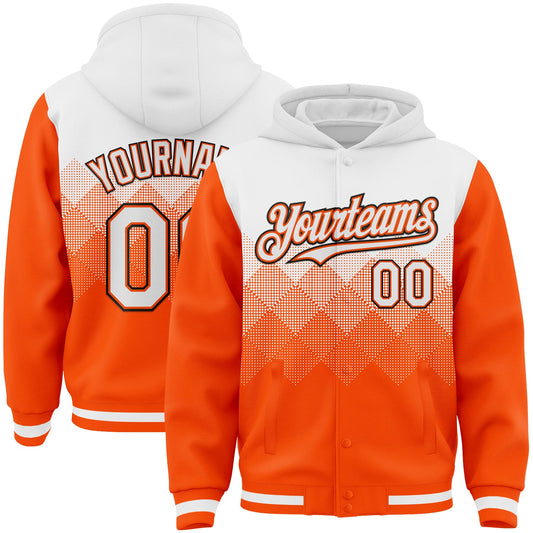 Custom White Orange-Black Gradient Square Shape 3D Pattern Design Bomber Full-Snap Varsity Letterman Hoodie Jacket - Main View