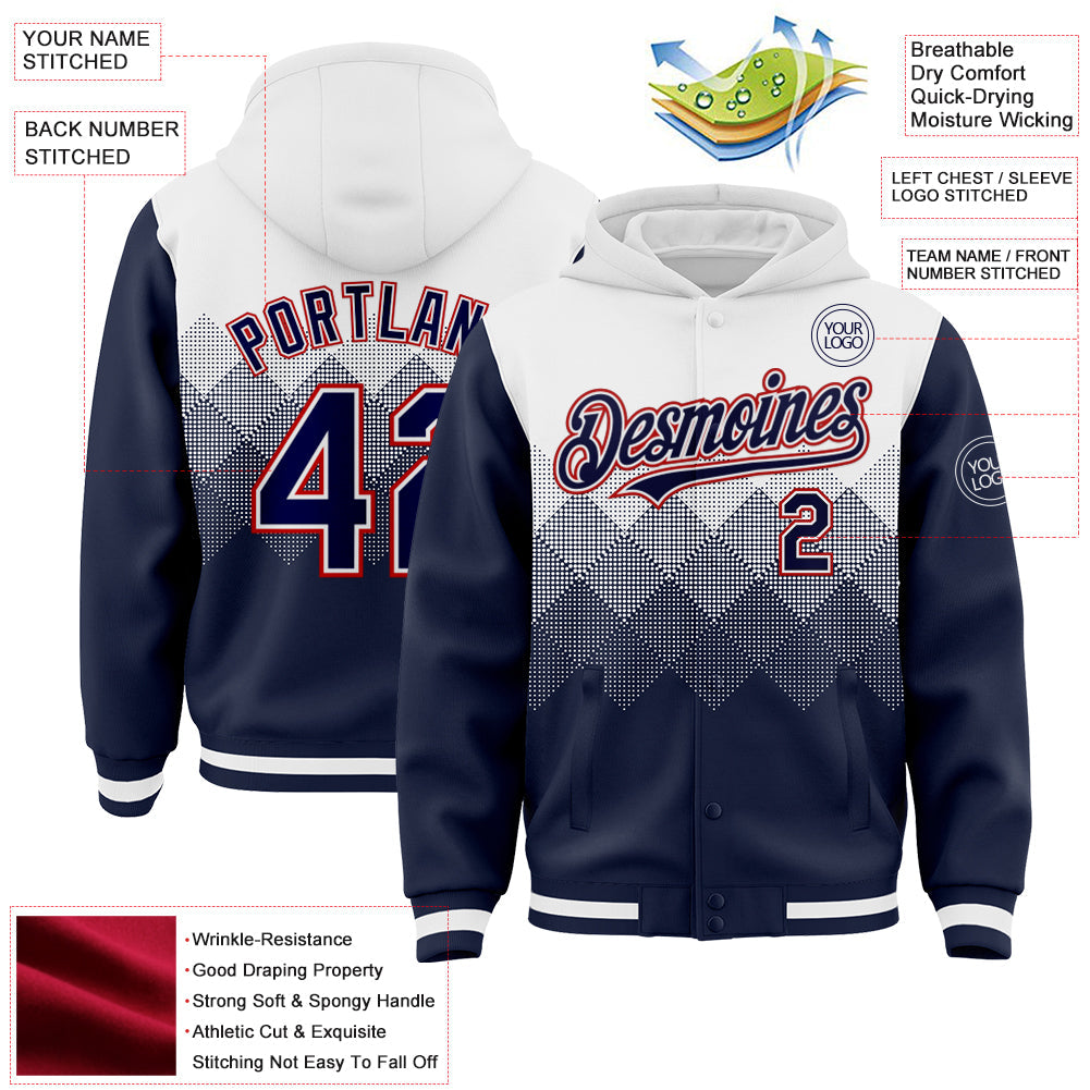 Custom White Navy-Red Gradient Square Shape 3D Pattern Design Bomber Full-Snap Varsity Letterman Hoodie Jacket view 3