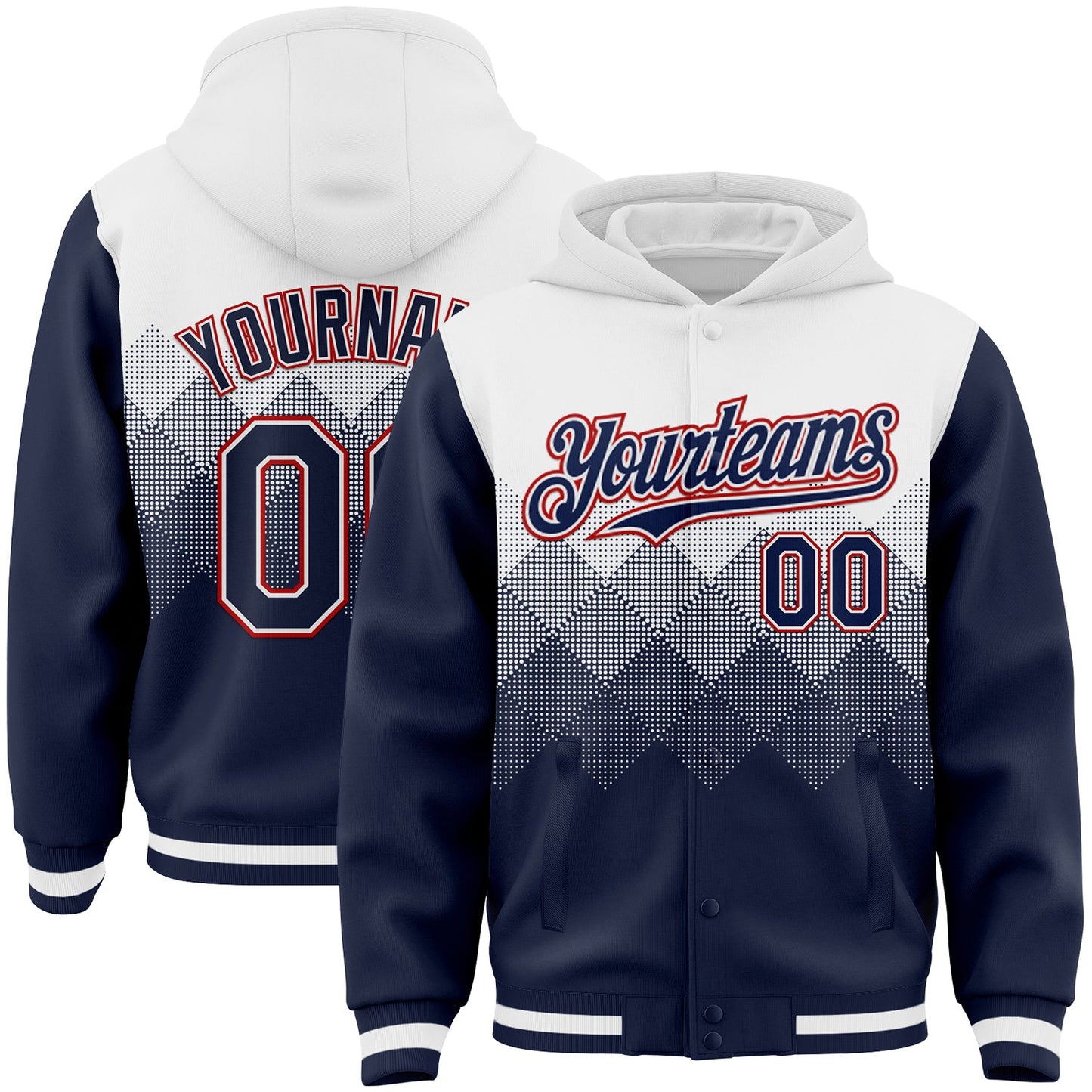 Custom White Navy-Red Gradient Square Shape 3D Pattern Design Bomber Full-Snap Varsity Letterman Hoodie Jacket - Main View
