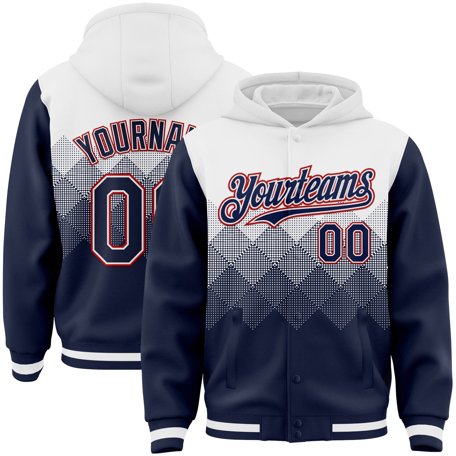 Custom White Navy-Red Gradient Square Shape 3D Pattern Design Bomber Full-Snap Varsity Letterman Hoodie Jacket - Main View