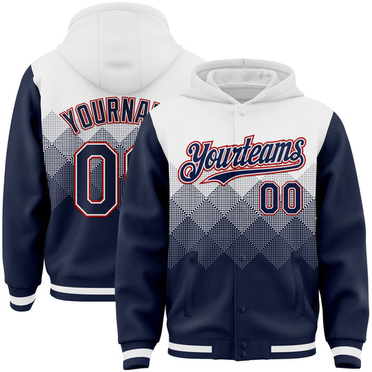 Custom White Navy-Red Gradient Square Shape 3D Pattern Design Bomber Full-Snap Varsity Letterman Hoodie Jacket - Main View