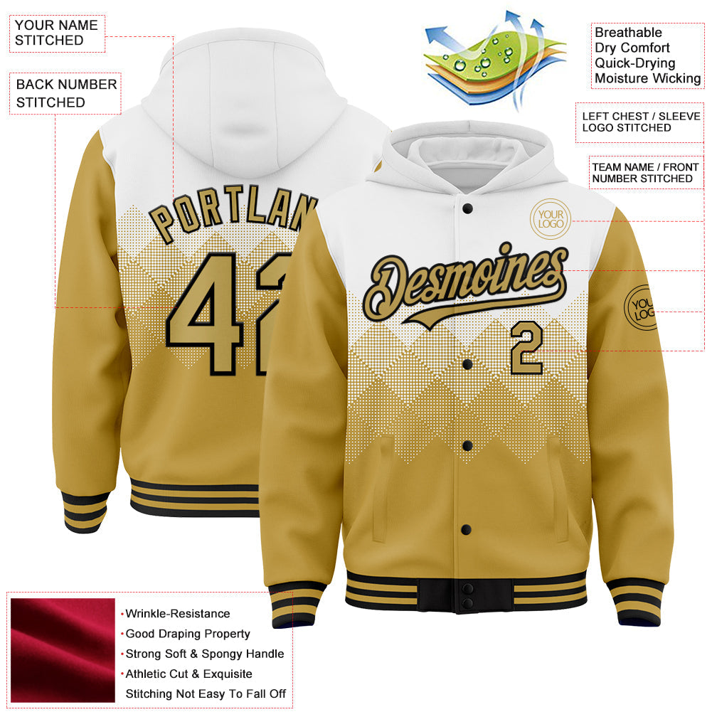 Custom White Old Gold-Black Gradient Square Shape 3D Pattern Design Bomber Full-Snap Varsity Letterman Hoodie Jacket view 3