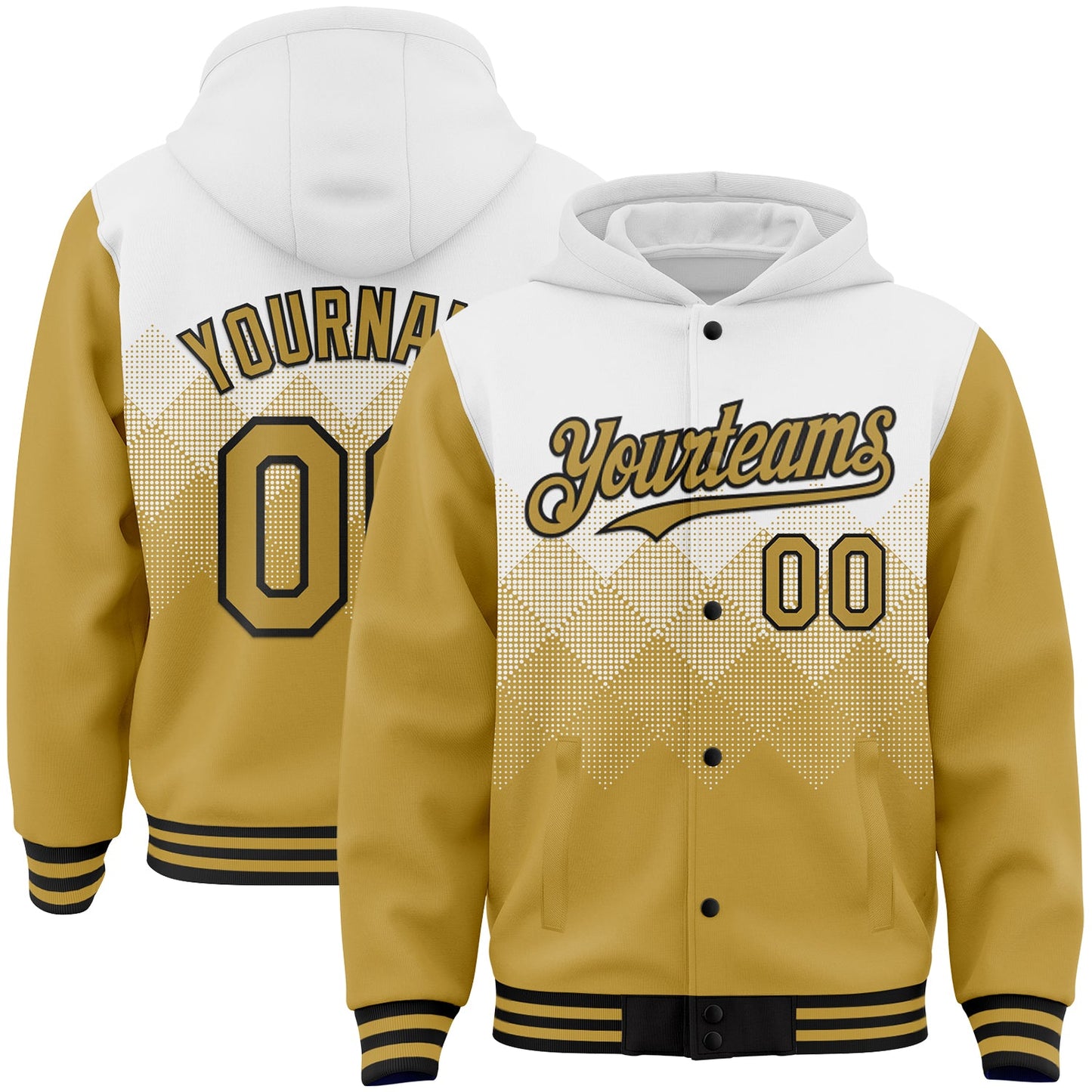 Custom White Old Gold-Black Gradient Square Shape 3D Pattern Design Bomber Full-Snap Varsity Letterman Hoodie Jacket - Main View