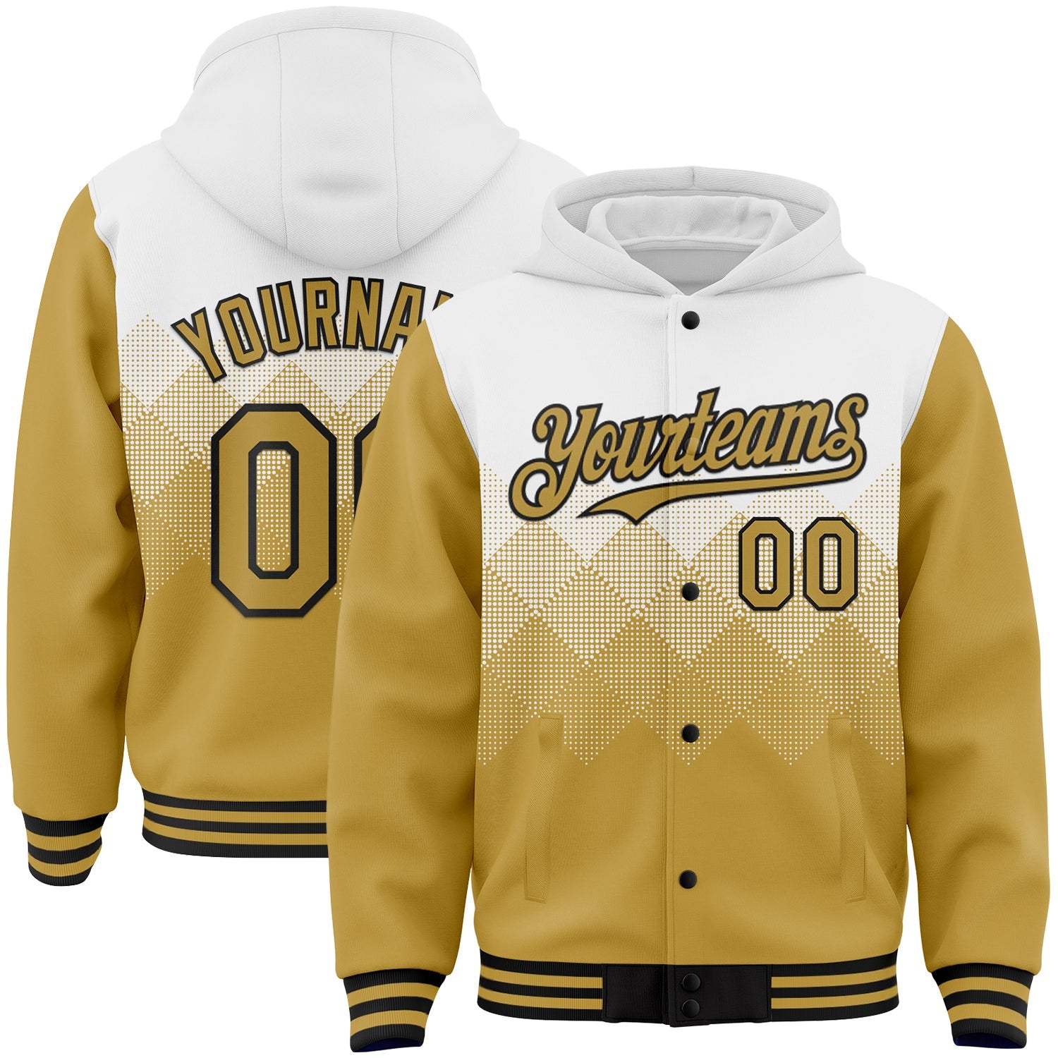 Custom White Old Gold-Black Gradient Square Shape 3D Pattern Design Bomber Full-Snap Varsity Letterman Hoodie Jacket - Main View
