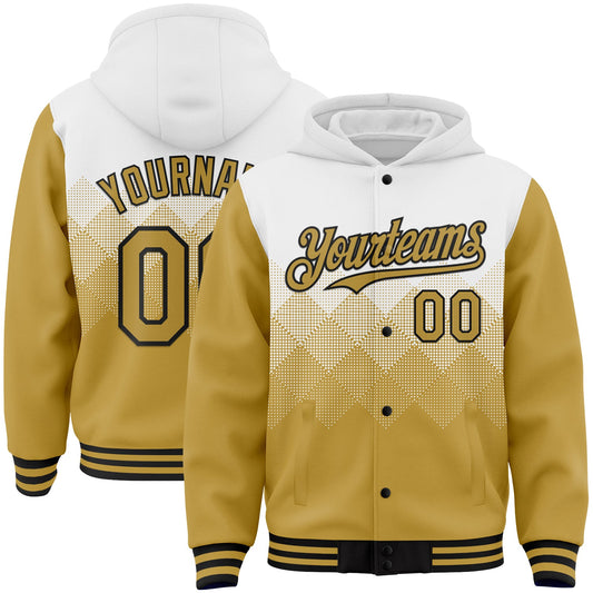 Custom White Old Gold-Black Gradient Square Shape 3D Pattern Design Bomber Full-Snap Varsity Letterman Hoodie Jacket - Main View