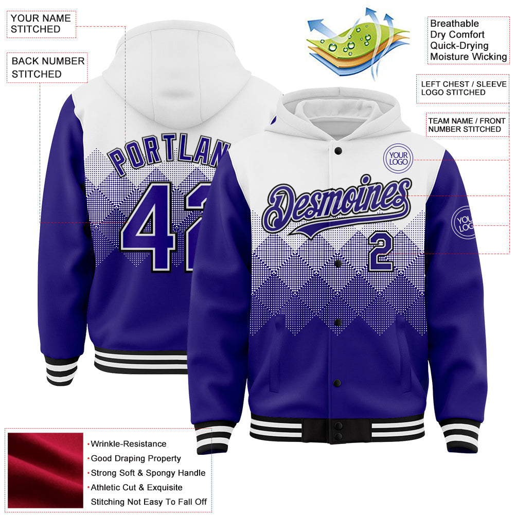 Custom White Dark Purple-Black Gradient Square Shape 3D Pattern Design Bomber Full-Snap Varsity Letterman Hoodie Jacket view 3