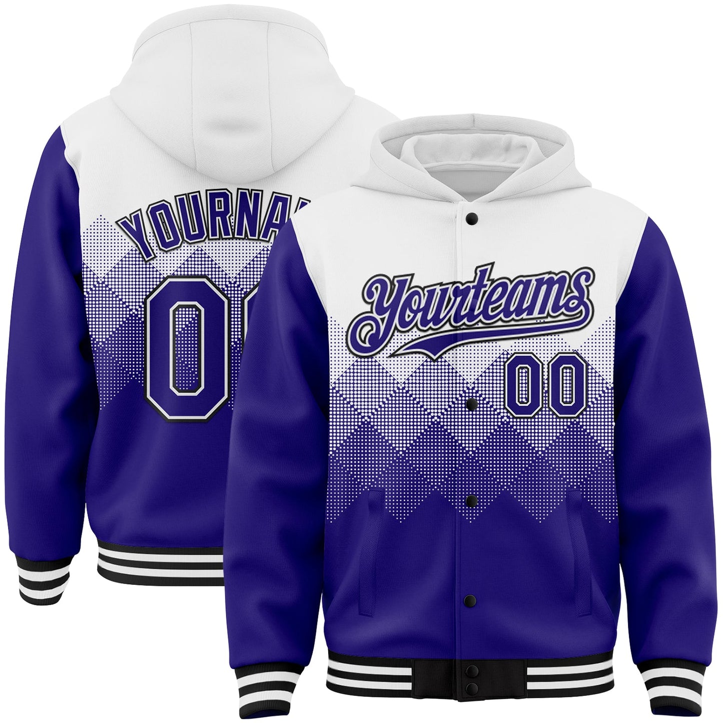 Custom White Dark Purple-Black Gradient Square Shape 3D Pattern Design Bomber Full-Snap Varsity Letterman Hoodie Jacket - Main View