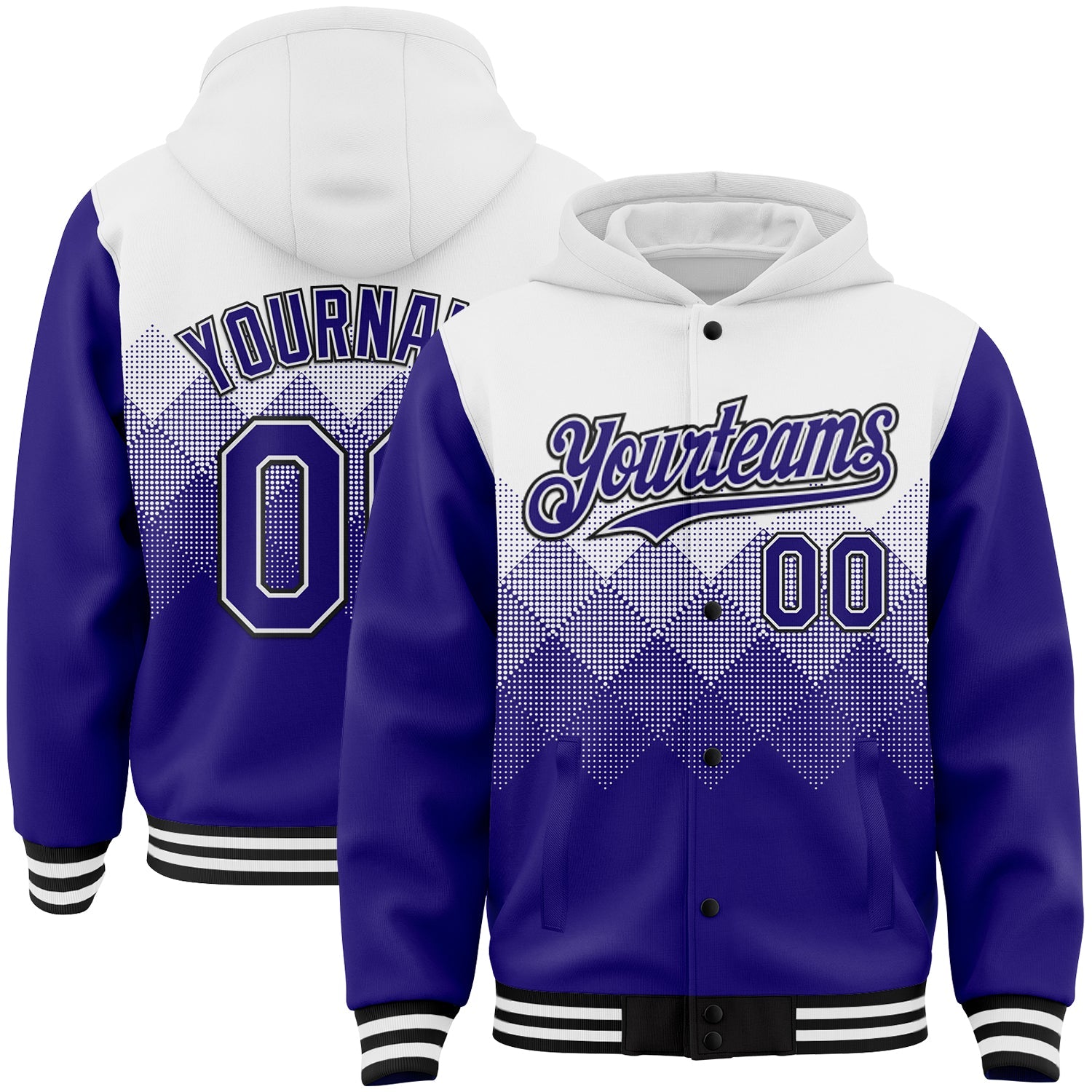 Custom White Dark Purple-Black Gradient Square Shape 3D Pattern Design Bomber Full-Snap Varsity Letterman Hoodie Jacket - Main View