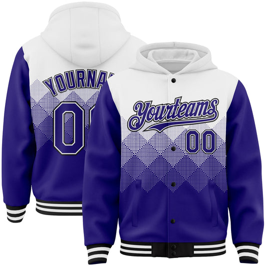 Custom White Dark Purple-Black Gradient Square Shape 3D Pattern Design Bomber Full-Snap Varsity Letterman Hoodie Jacket - Main View