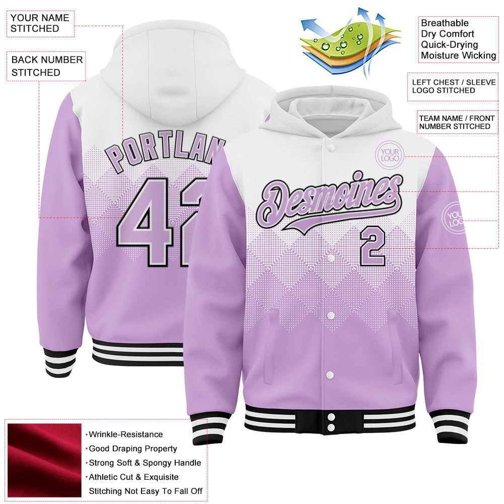 Custom White Light Purple-Black Gradient Square Shape 3D Pattern Design Bomber Full-Snap Varsity Letterman Hoodie Jacket view 3