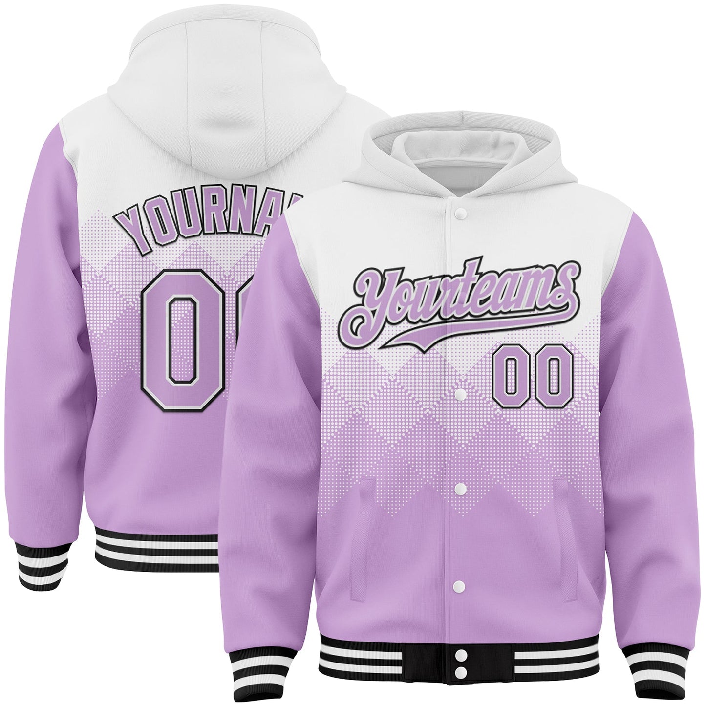 Custom White Light Purple-Black Gradient Square Shape 3D Pattern Design Bomber Full-Snap Varsity Letterman Hoodie Jacket - Main View