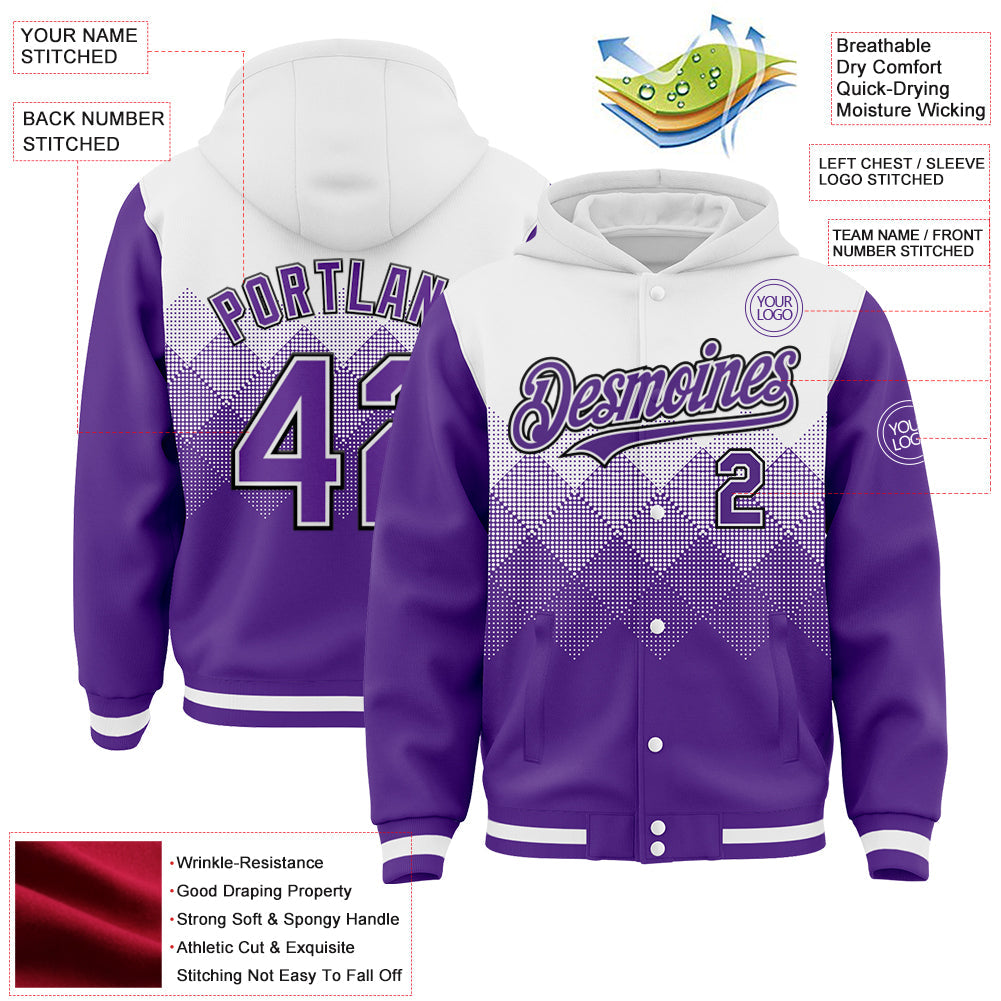 Custom White Purple-Black Gradient Square Shape 3D Pattern Design Bomber Full-Snap Varsity Letterman Hoodie Jacket view 3