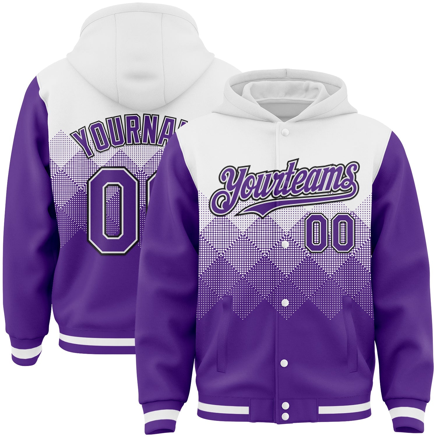 Custom White Purple-Black Gradient Square Shape 3D Pattern Design Bomber Full-Snap Varsity Letterman Hoodie Jacket - Main View