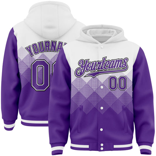 Custom White Purple-Black Gradient Square Shape 3D Pattern Design Bomber Full-Snap Varsity Letterman Hoodie Jacket - Main View