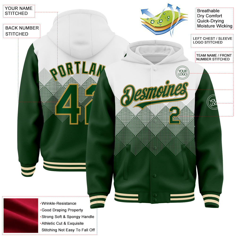 Custom White Green-Old Gold Gradient Square Shape 3D Pattern Design Bomber Full-Snap Varsity Letterman Hoodie Jacket view 3