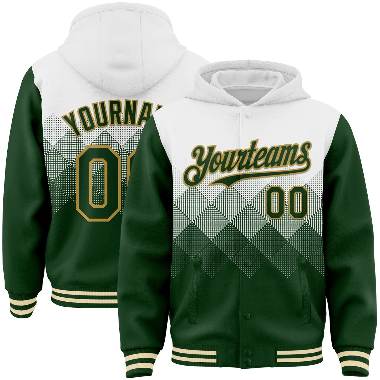 Custom White Green-Old Gold Gradient Square Shape 3D Pattern Design Bomber Full-Snap Varsity Letterman Hoodie Jacket - Main View