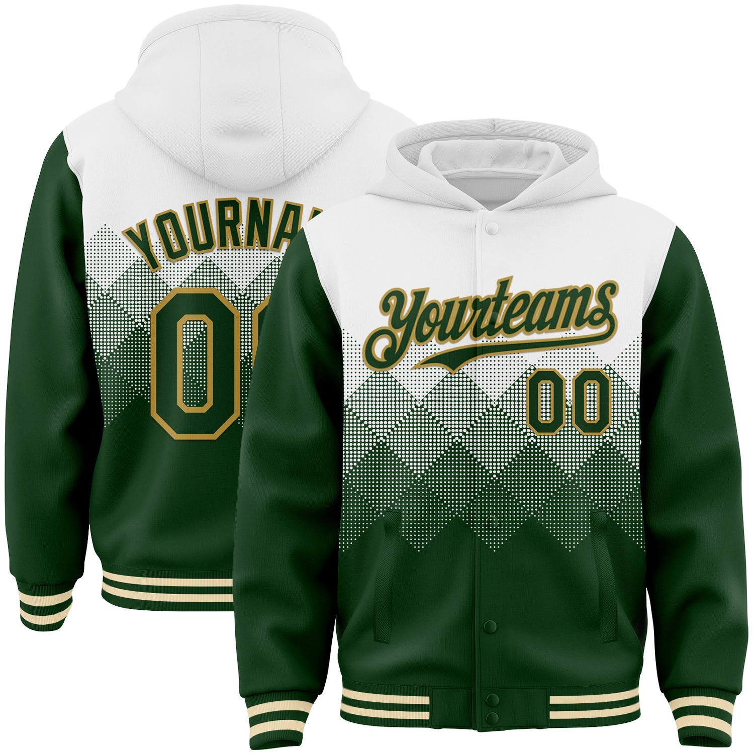 Custom White Green-Old Gold Gradient Square Shape 3D Pattern Design Bomber Full-Snap Varsity Letterman Hoodie Jacket - Main View