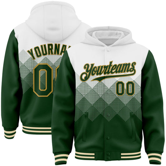 Custom White Green-Old Gold Gradient Square Shape 3D Pattern Design Bomber Full-Snap Varsity Letterman Hoodie Jacket - Main View