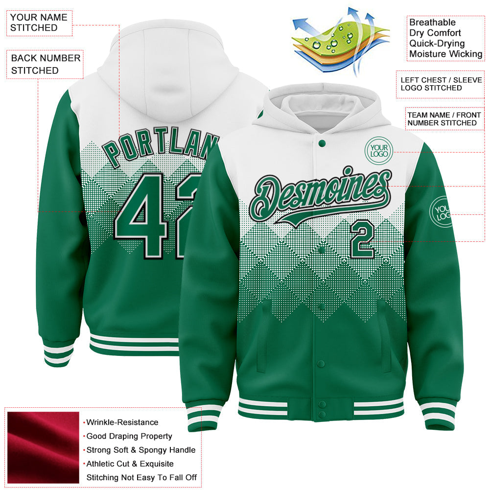 Custom White Kelly Green-Black Gradient Square Shape 3D Pattern Design Bomber Full-Snap Varsity Letterman Hoodie Jacket view 3