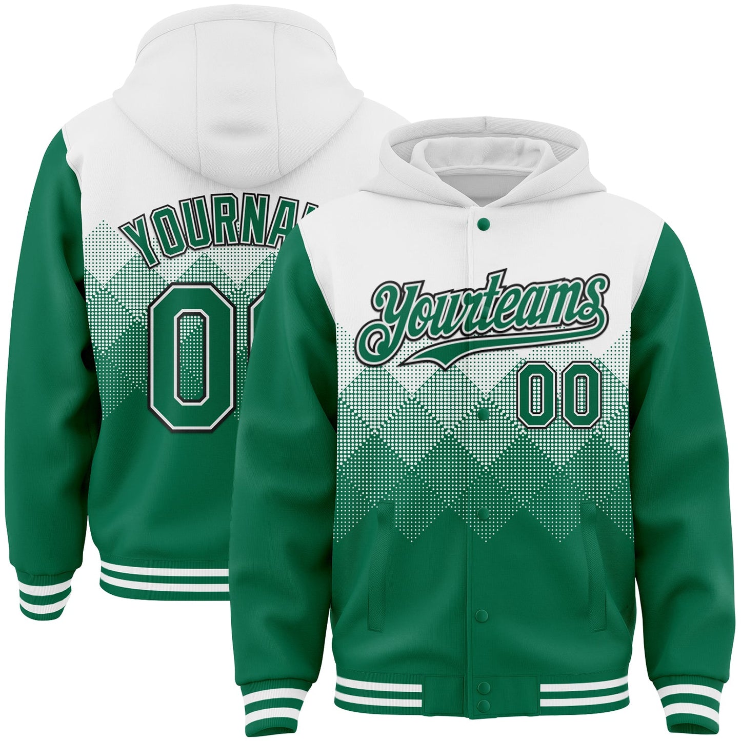 Custom White Kelly Green-Black Gradient Square Shape 3D Pattern Design Bomber Full-Snap Varsity Letterman Hoodie Jacket - Main View
