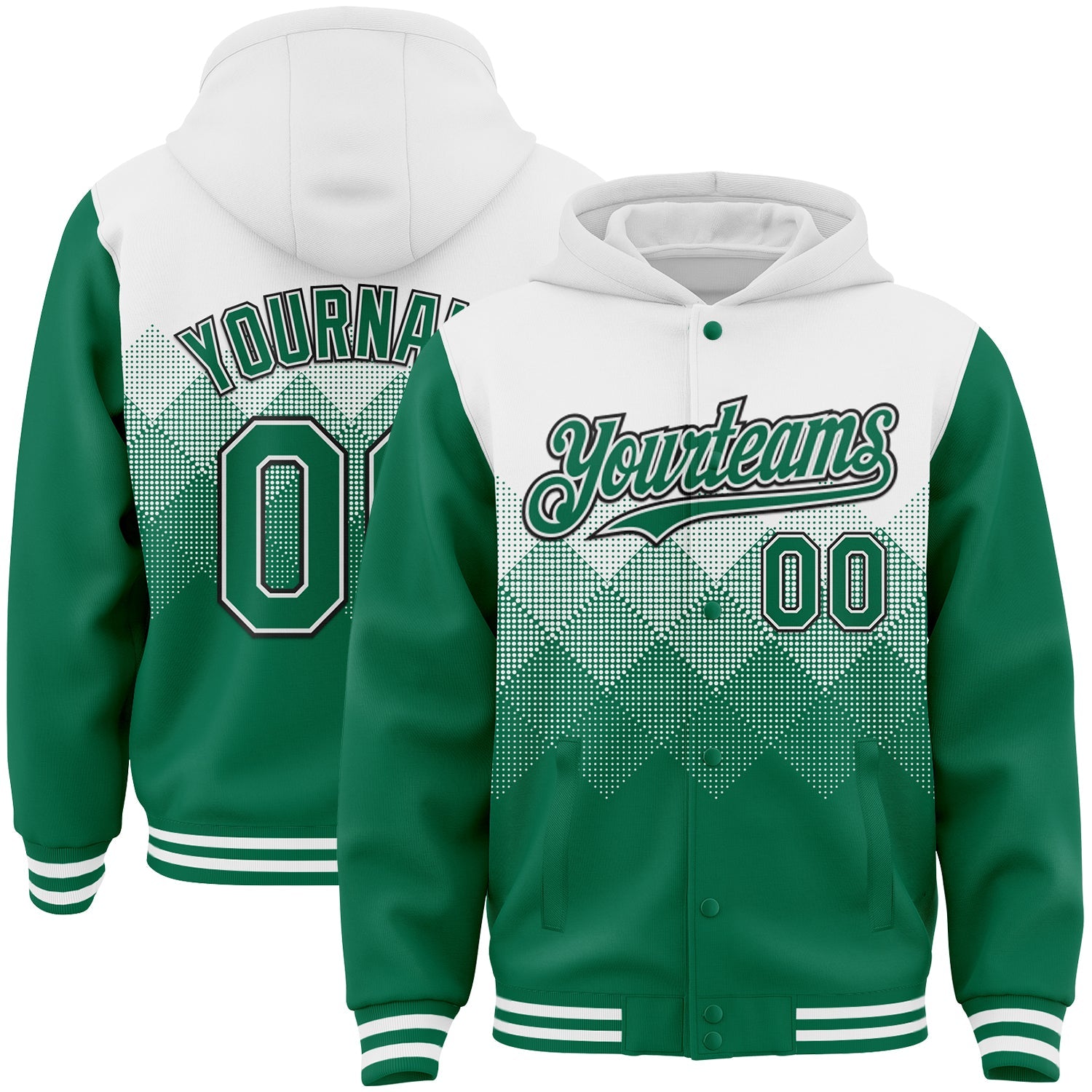 Custom White Kelly Green-Black Gradient Square Shape 3D Pattern Design Bomber Full-Snap Varsity Letterman Hoodie Jacket - Main View
