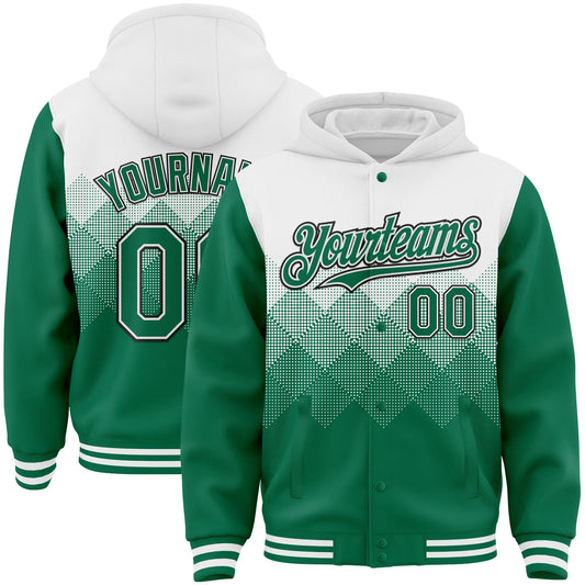 Custom White Kelly Green-Black Gradient Square Shape 3D Pattern Design Bomber Full-Snap Varsity Letterman Hoodie Jacket - Main View