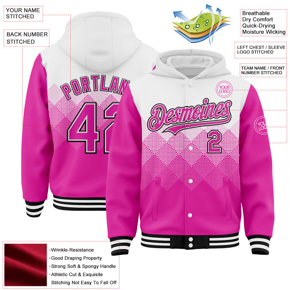 Custom White Deep Pink-Black Gradient Square Shape 3D Pattern Design Bomber Full-Snap Varsity Letterman Hoodie Jacket view 3