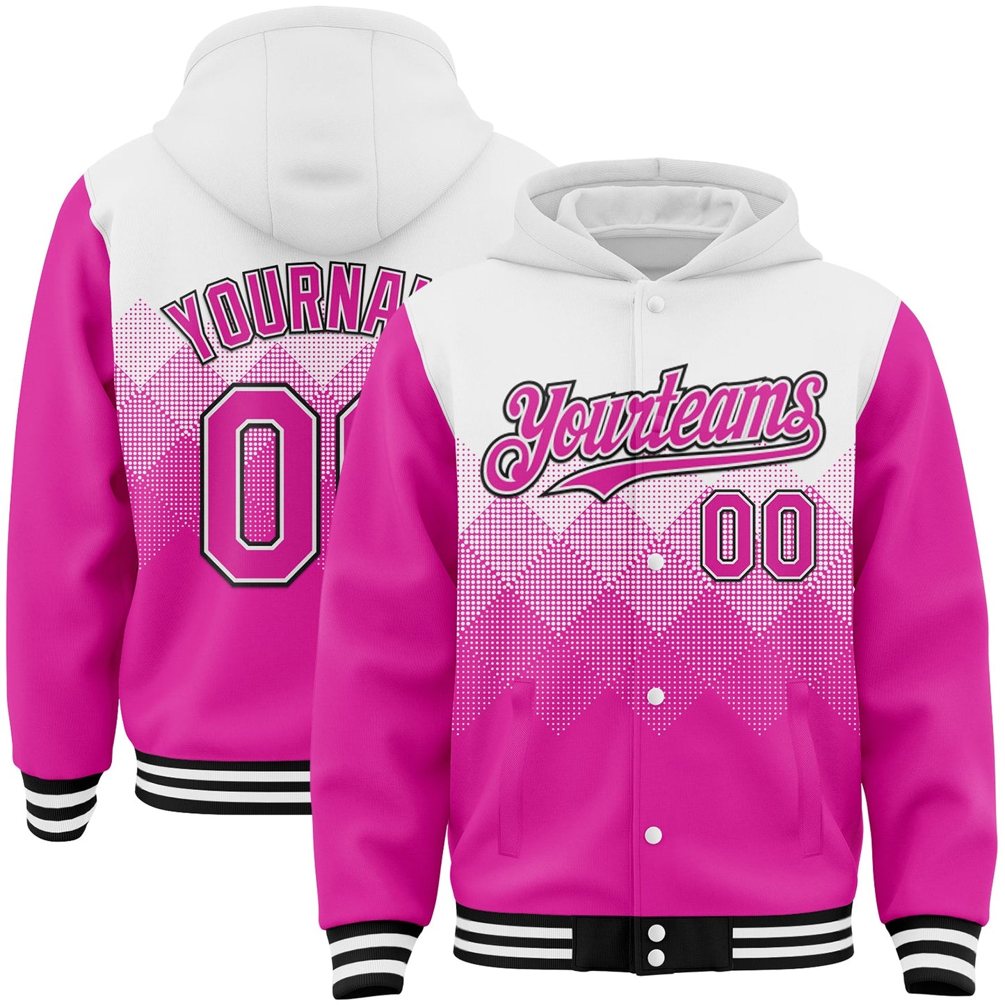 Custom White Deep Pink-Black Gradient Square Shape 3D Pattern Design Bomber Full-Snap Varsity Letterman Hoodie Jacket - Main View