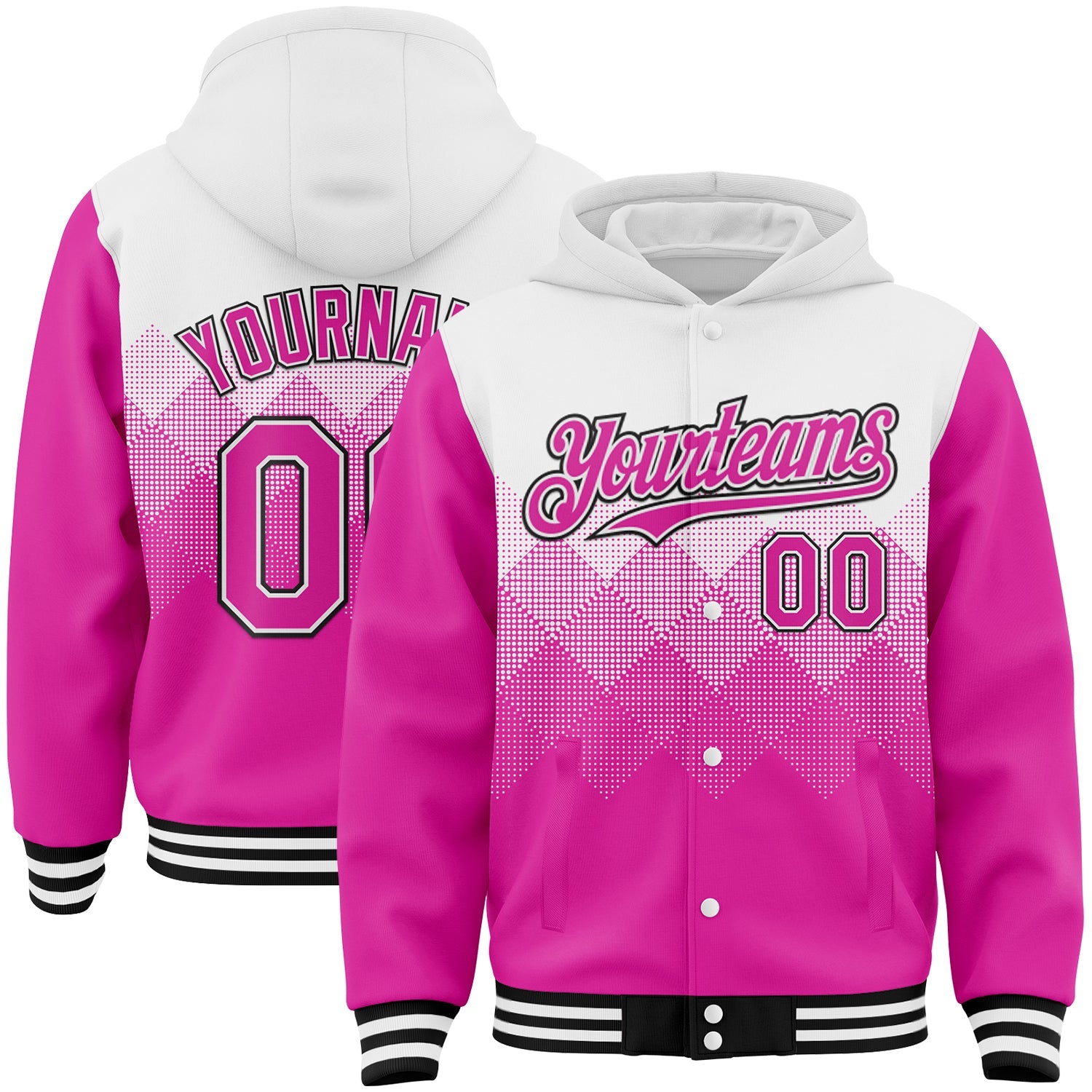 Custom White Deep Pink-Black Gradient Square Shape 3D Pattern Design Bomber Full-Snap Varsity Letterman Hoodie Jacket - Main View