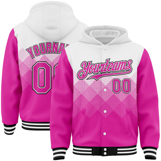 Custom White Deep Pink-Black Gradient Square Shape 3D Pattern Design Bomber Full-Snap Varsity Letterman Hoodie Jacket - Main View