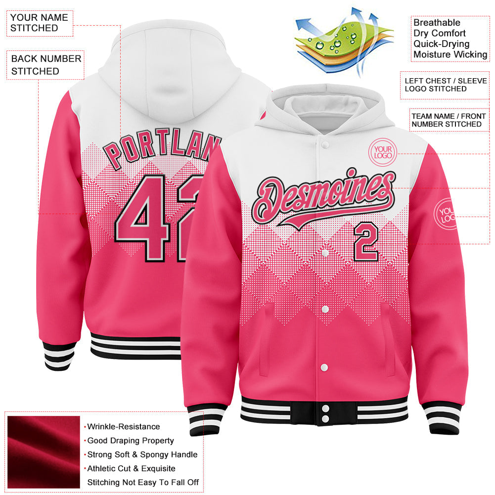 Custom White Neon Pink-Black Gradient Square Shape 3D Pattern Design Bomber Full-Snap Varsity Letterman Hoodie Jacket view 3