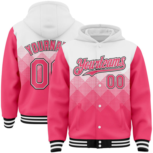 Custom White Neon Pink-Black Gradient Square Shape 3D Pattern Design Bomber Full-Snap Varsity Letterman Hoodie Jacket - Main View