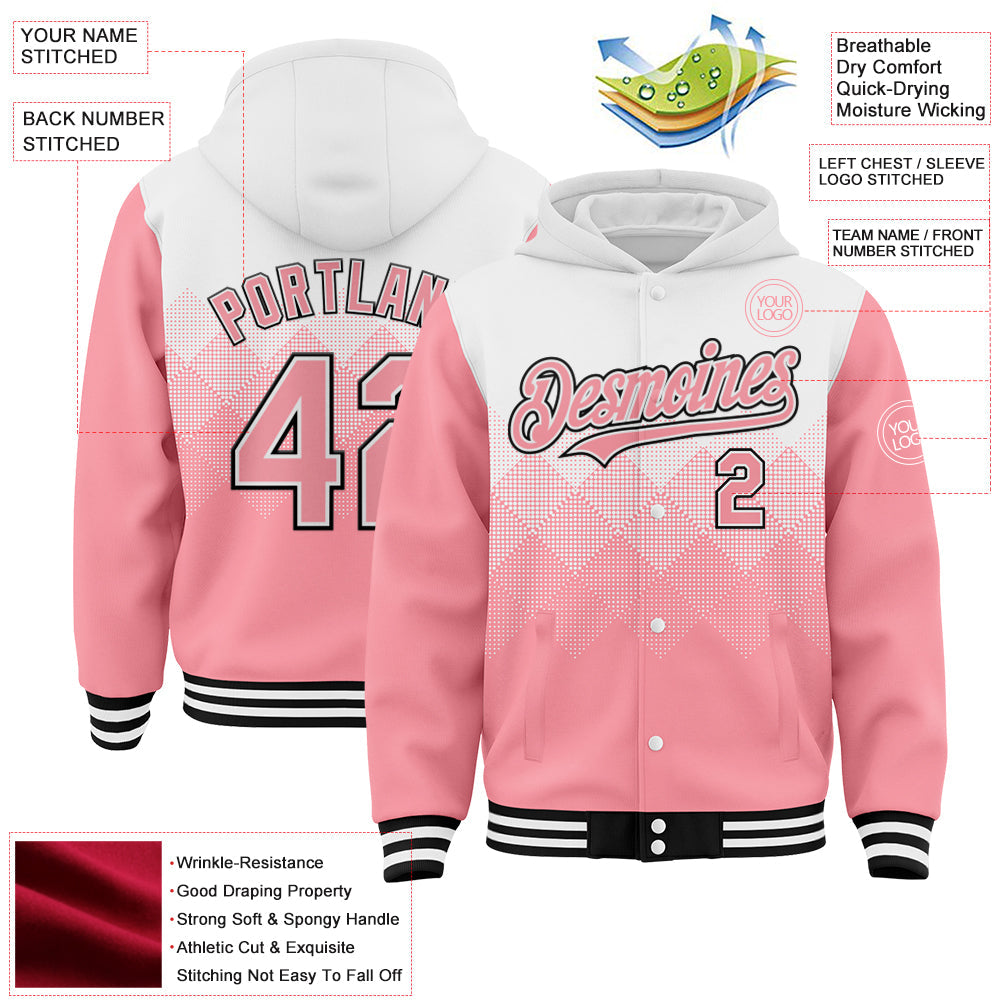 Custom White Medium Pink-Black Gradient Square Shape 3D Pattern Design Bomber Full-Snap Varsity Letterman Hoodie Jacket view 3
