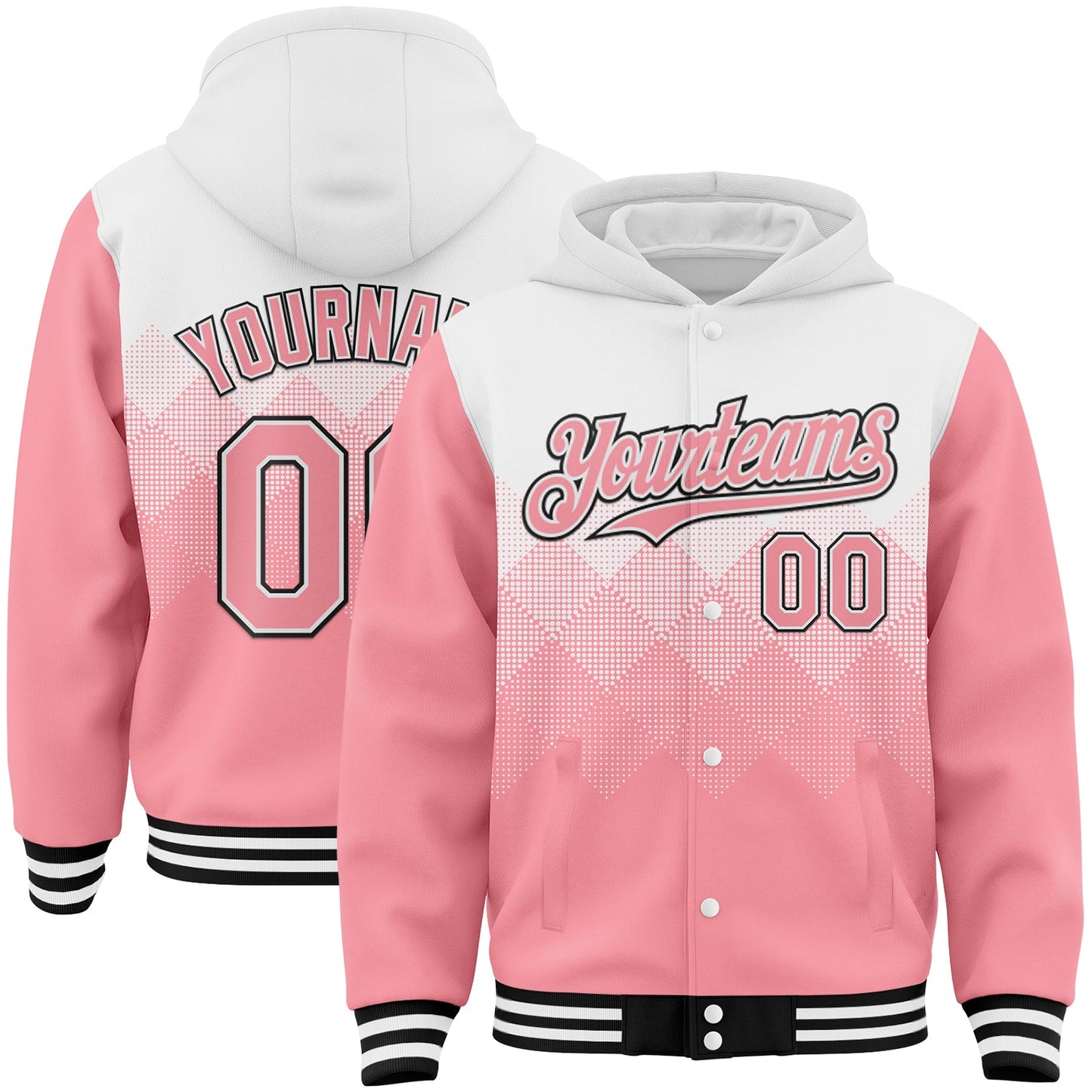 Custom White Medium Pink-Black Gradient Square Shape 3D Pattern Design Bomber Full-Snap Varsity Letterman Hoodie Jacket - Main View