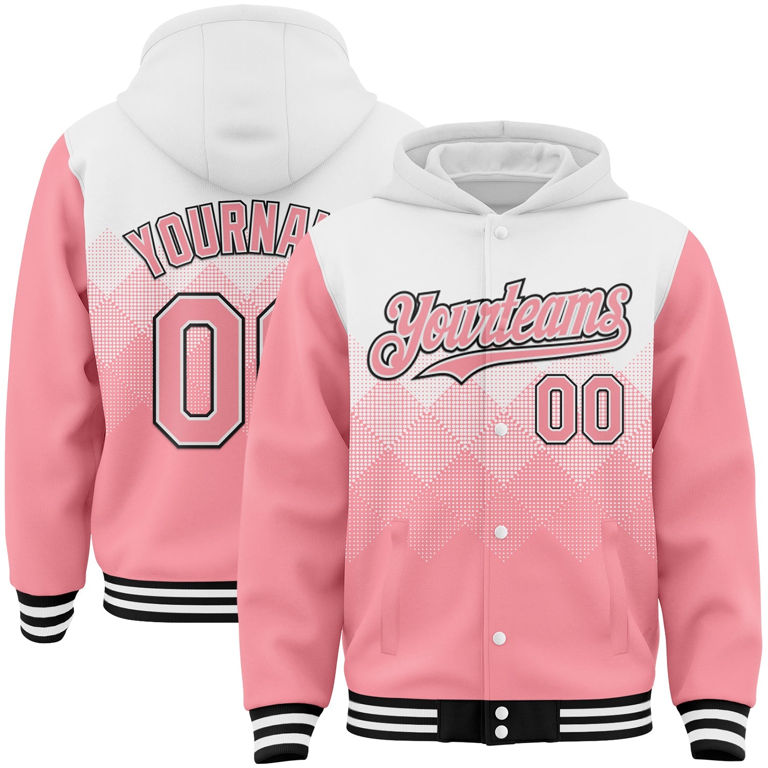 Custom White Medium Pink-Black Gradient Square Shape 3D Pattern Design Bomber Full-Snap Varsity Letterman Hoodie Jacket - Main View