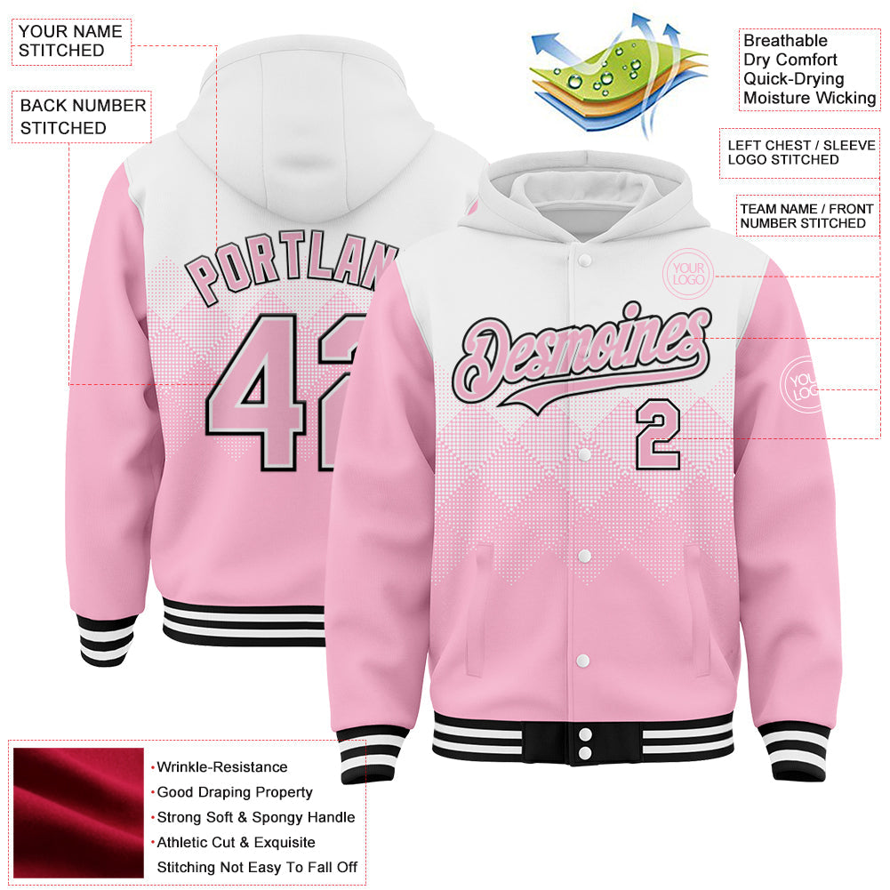 Custom White Light Pink-Black Gradient Square Shape 3D Pattern Design Bomber Full-Snap Varsity Letterman Hoodie Jacket view 3